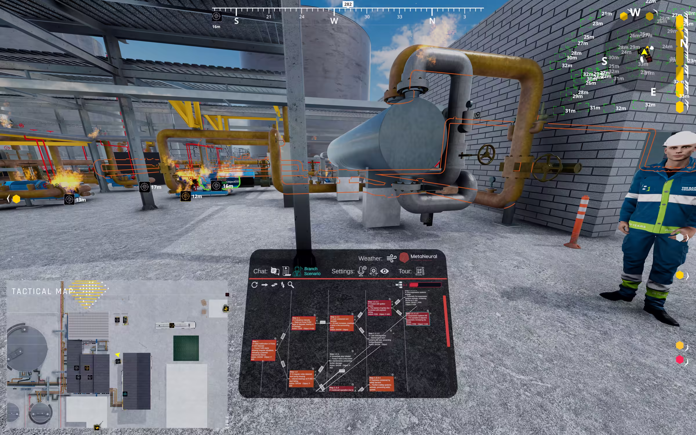 MetaNeural HazardousXR platform interface showing tactical mapping and a live industrial risk scenario