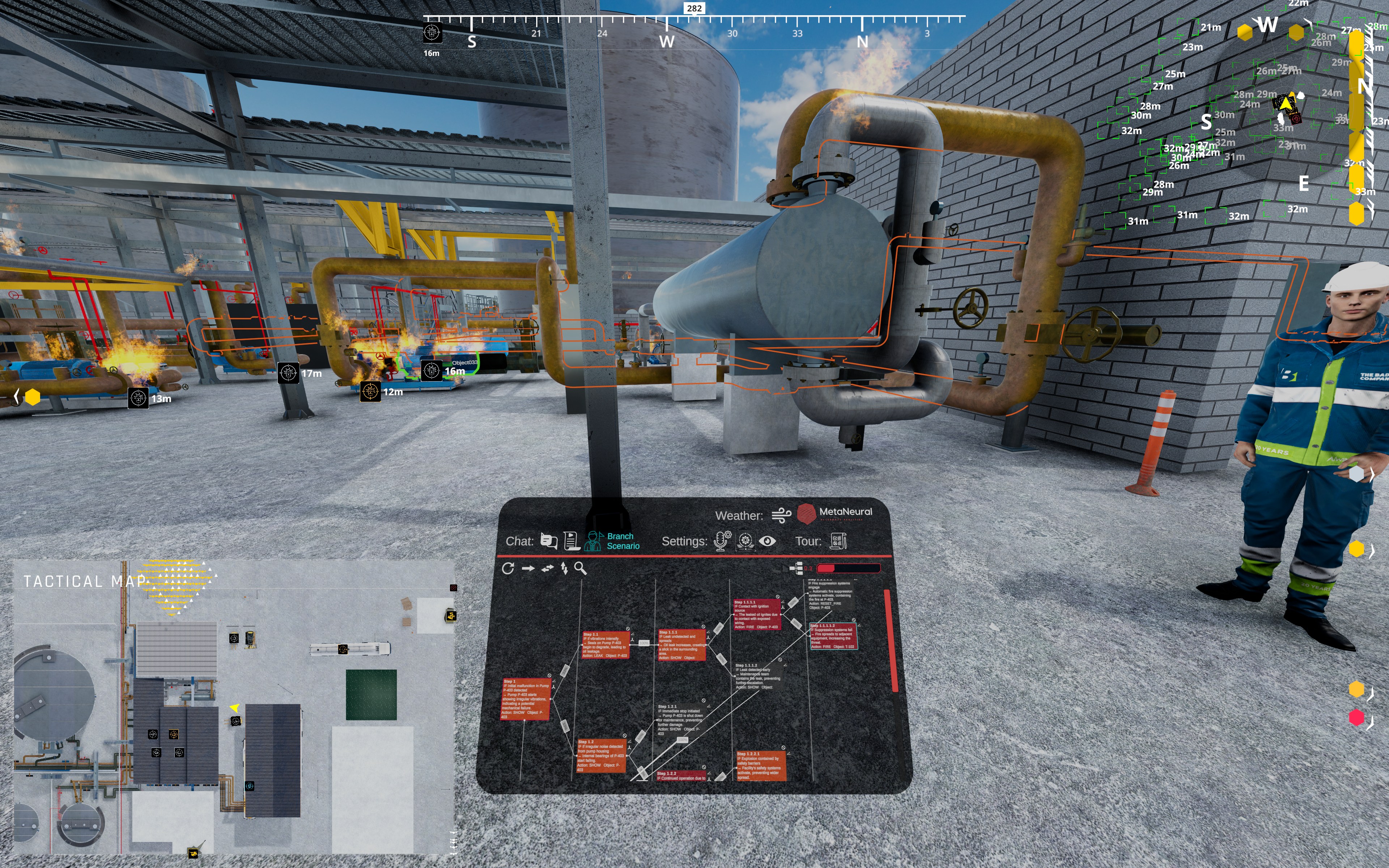 MetaNeural HazardousXR platform interface showing tactical mapping and a live industrial risk scenario